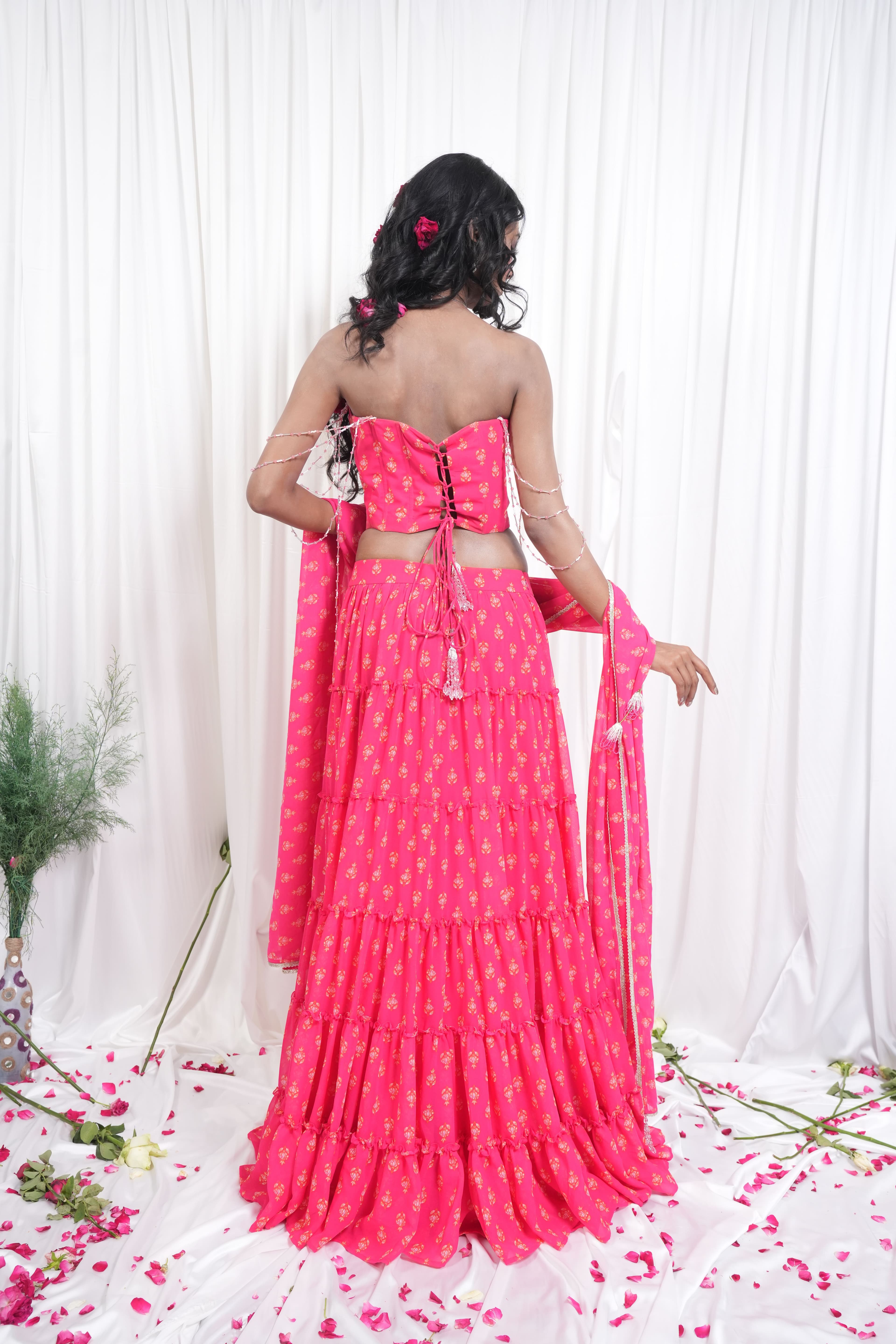 Pink Floral Printed Lehenga & Crop Top Set
