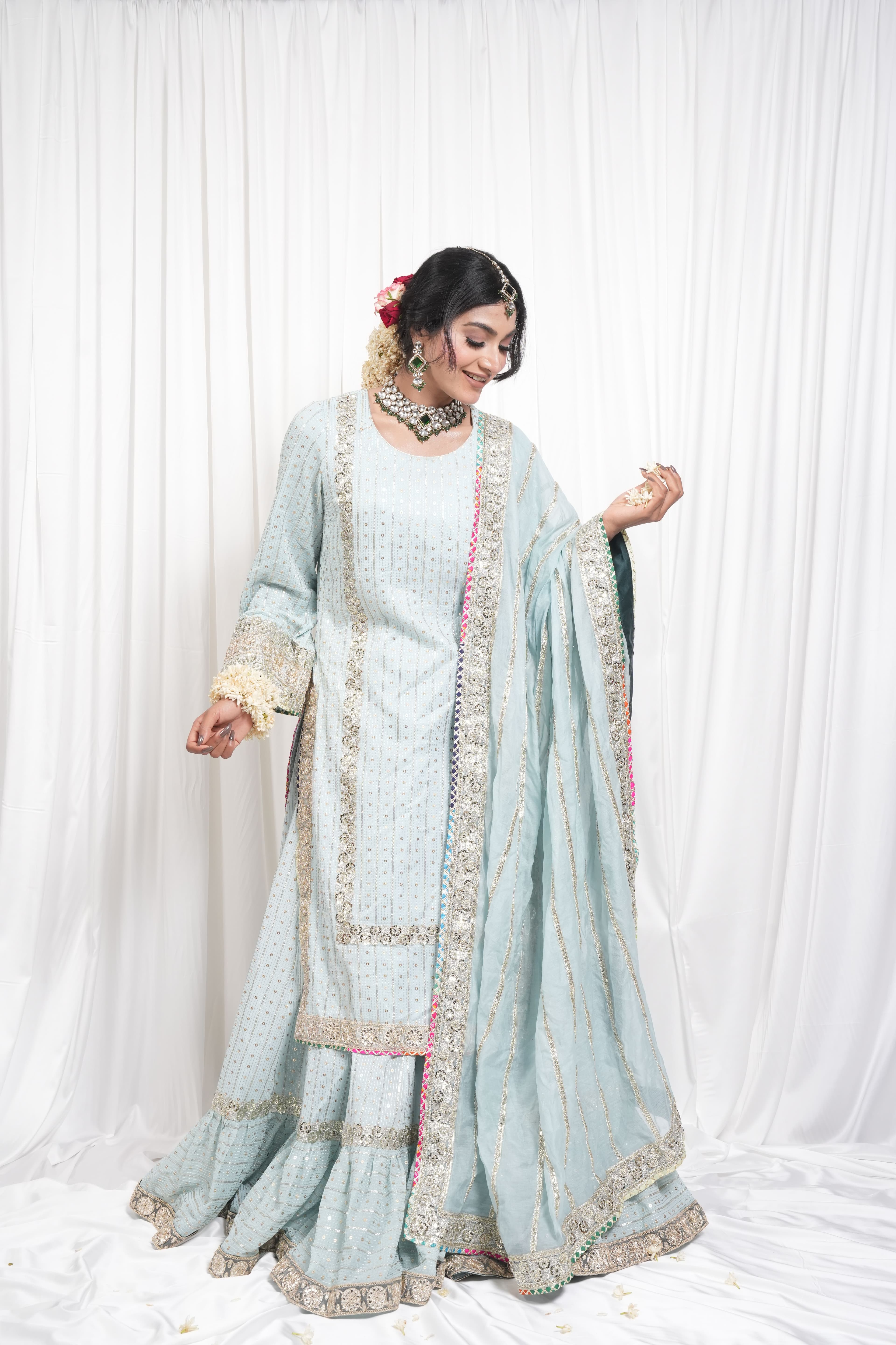 Ice Blue Embroidered Sharara Suit Set
