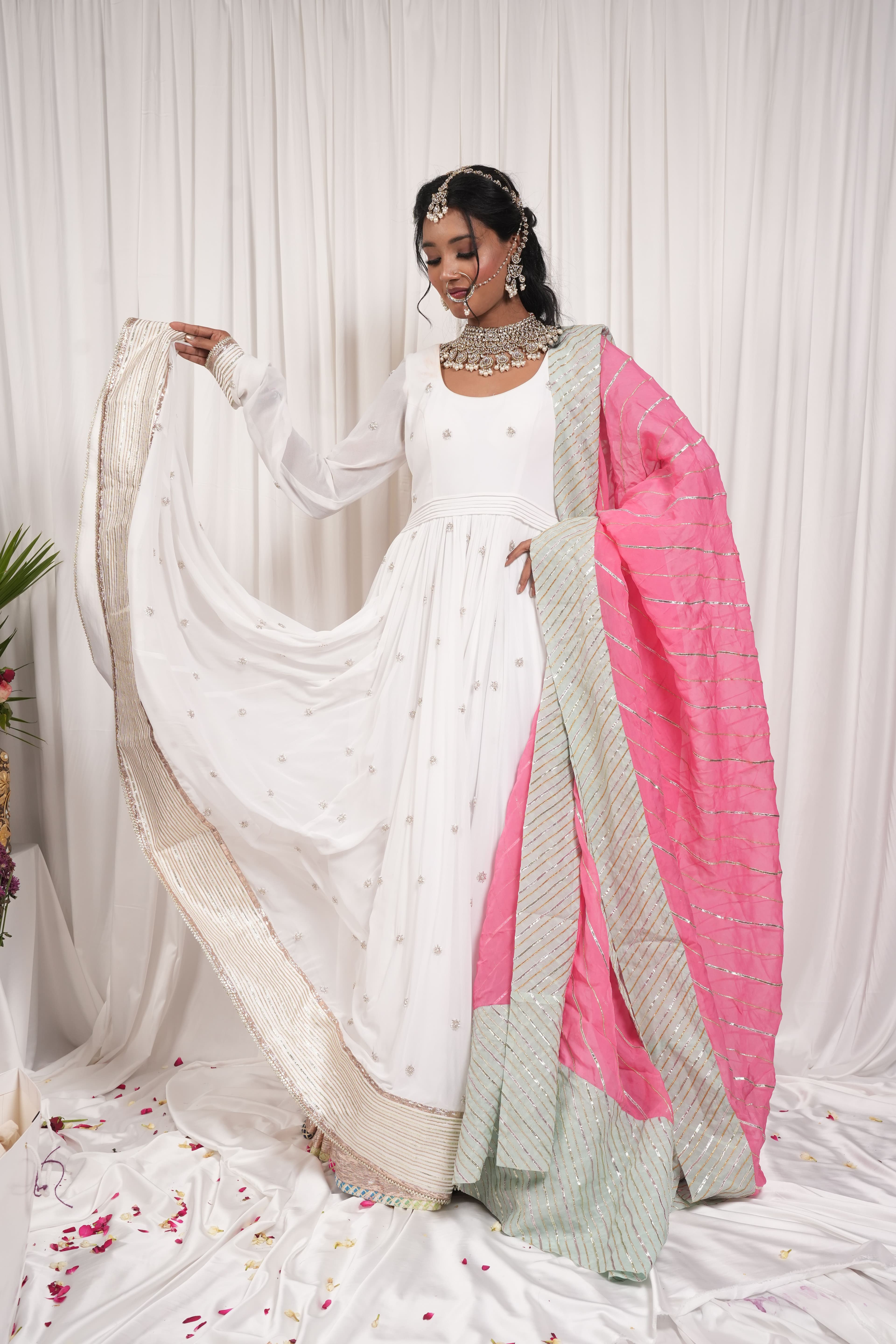 White Anarkali Suit with Hot Pink Dupatt