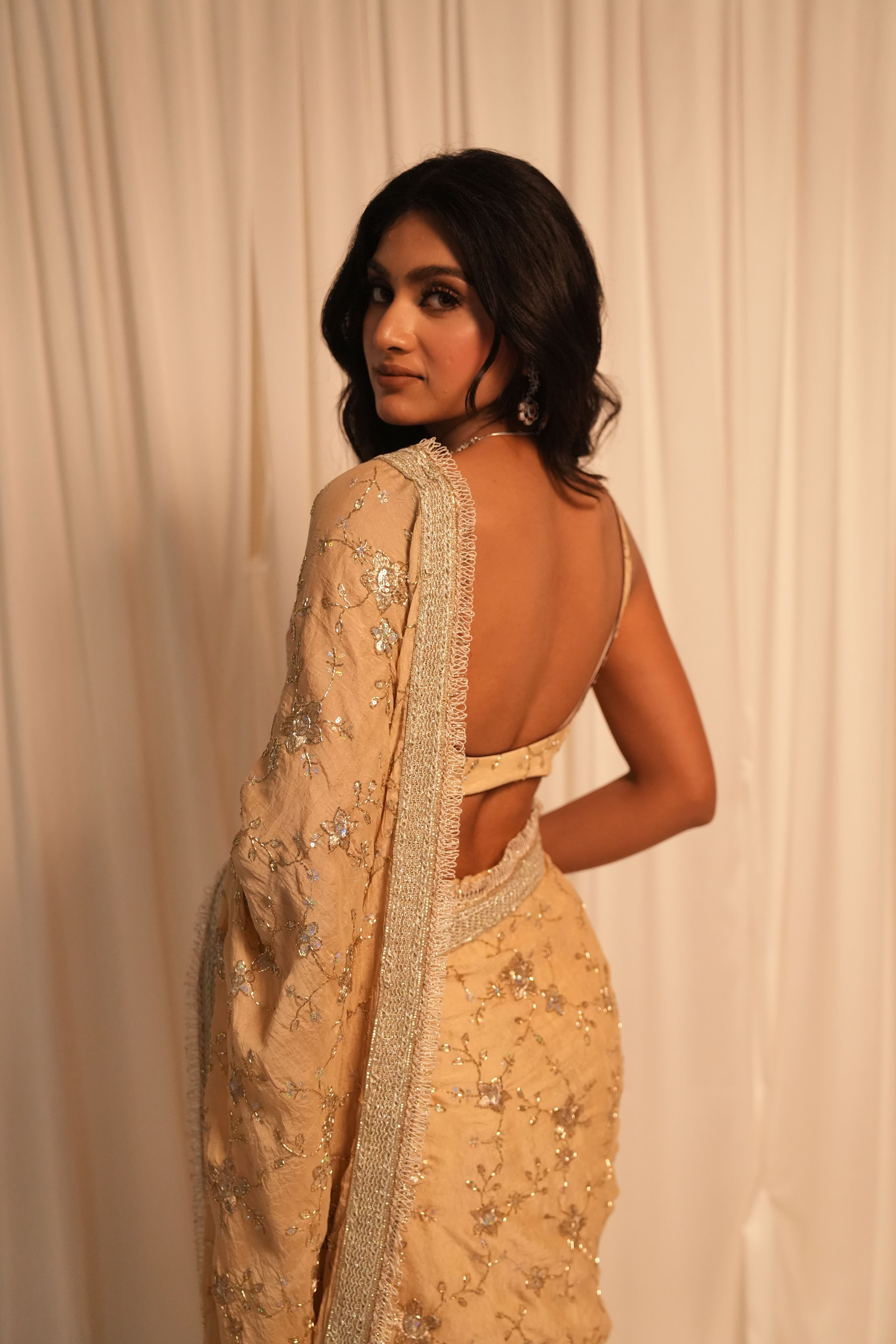 Creamy Peach Silver Work Saree
