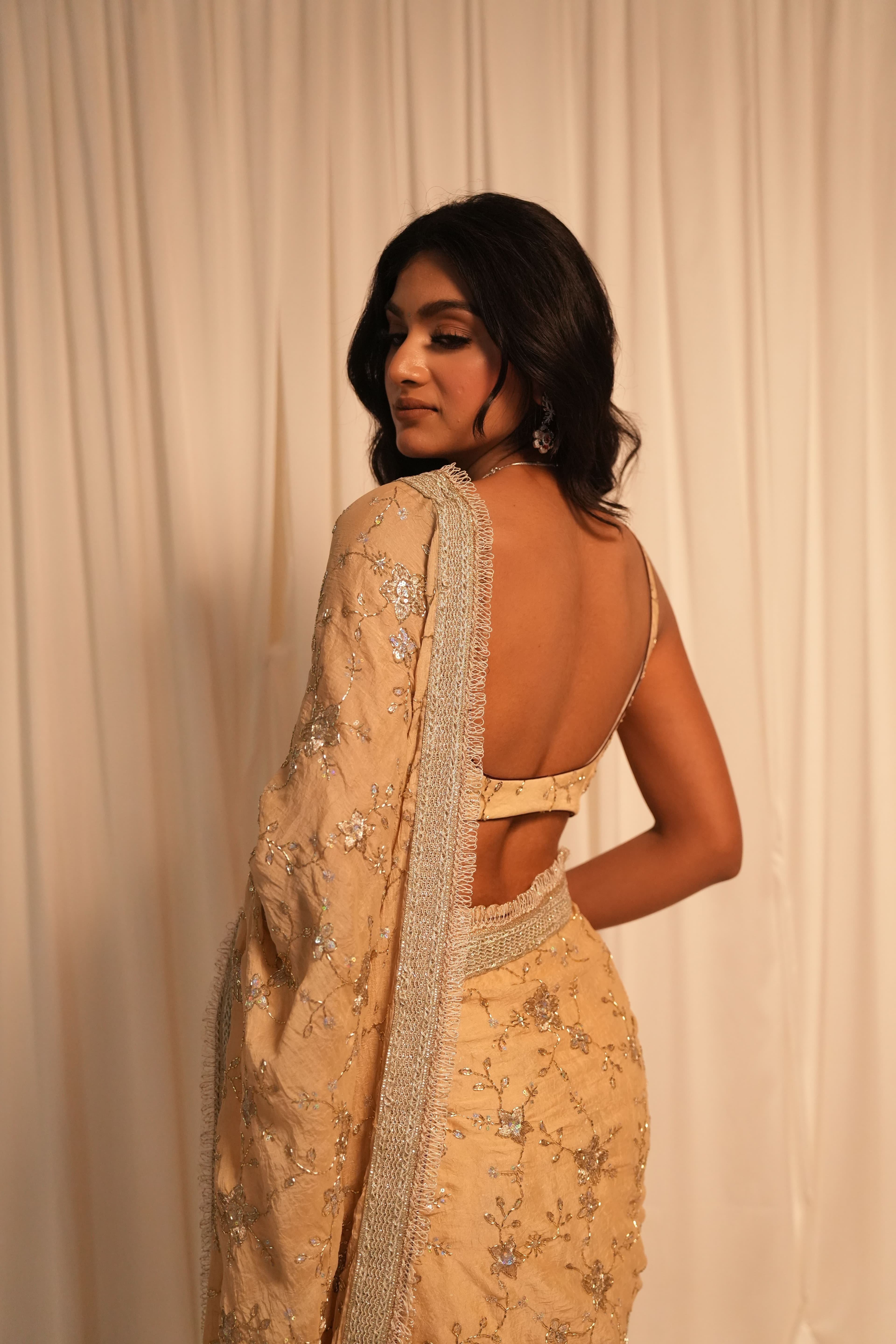 Creamy Peach Silver Work Saree