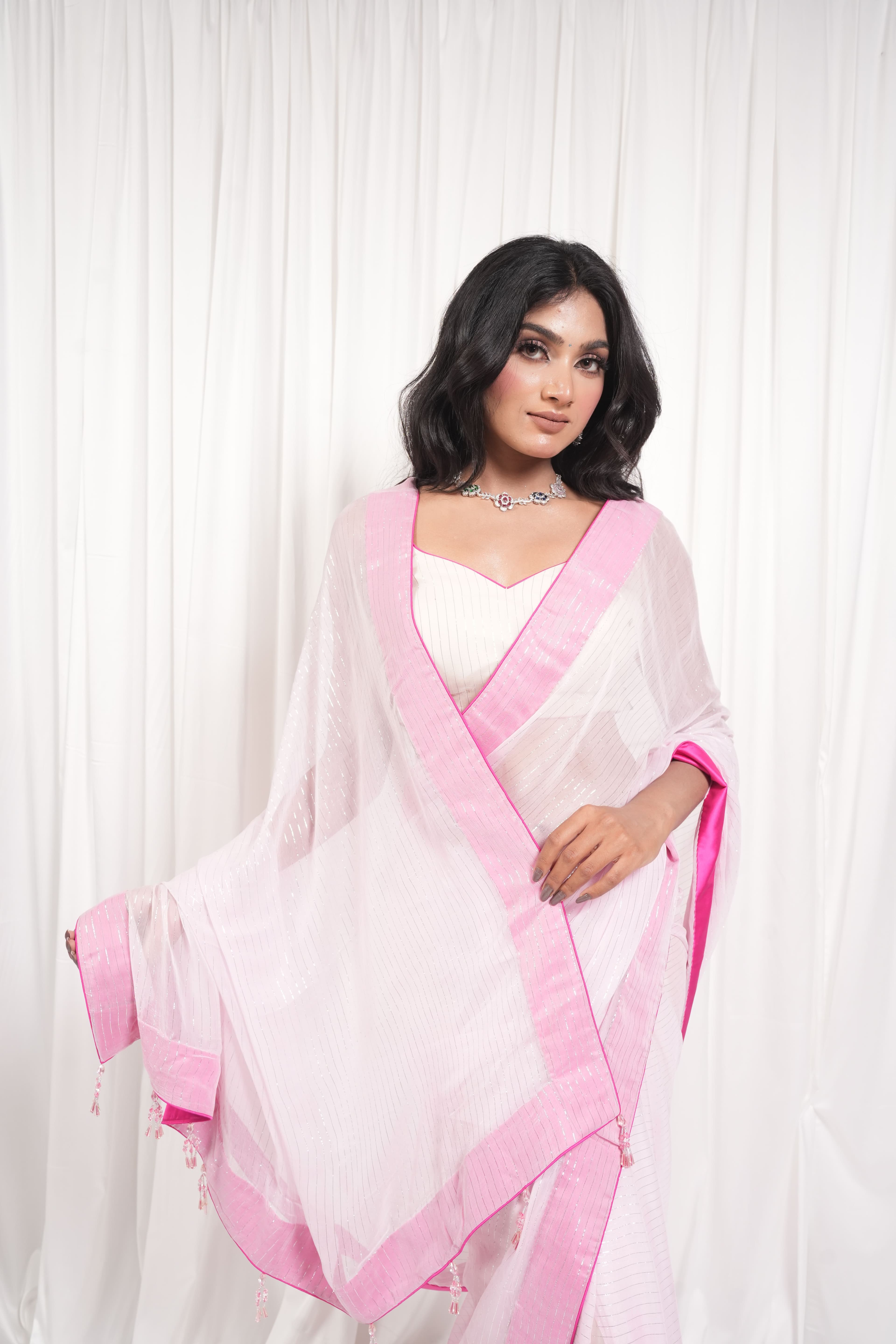 Blush Pink & White Elegant Saree