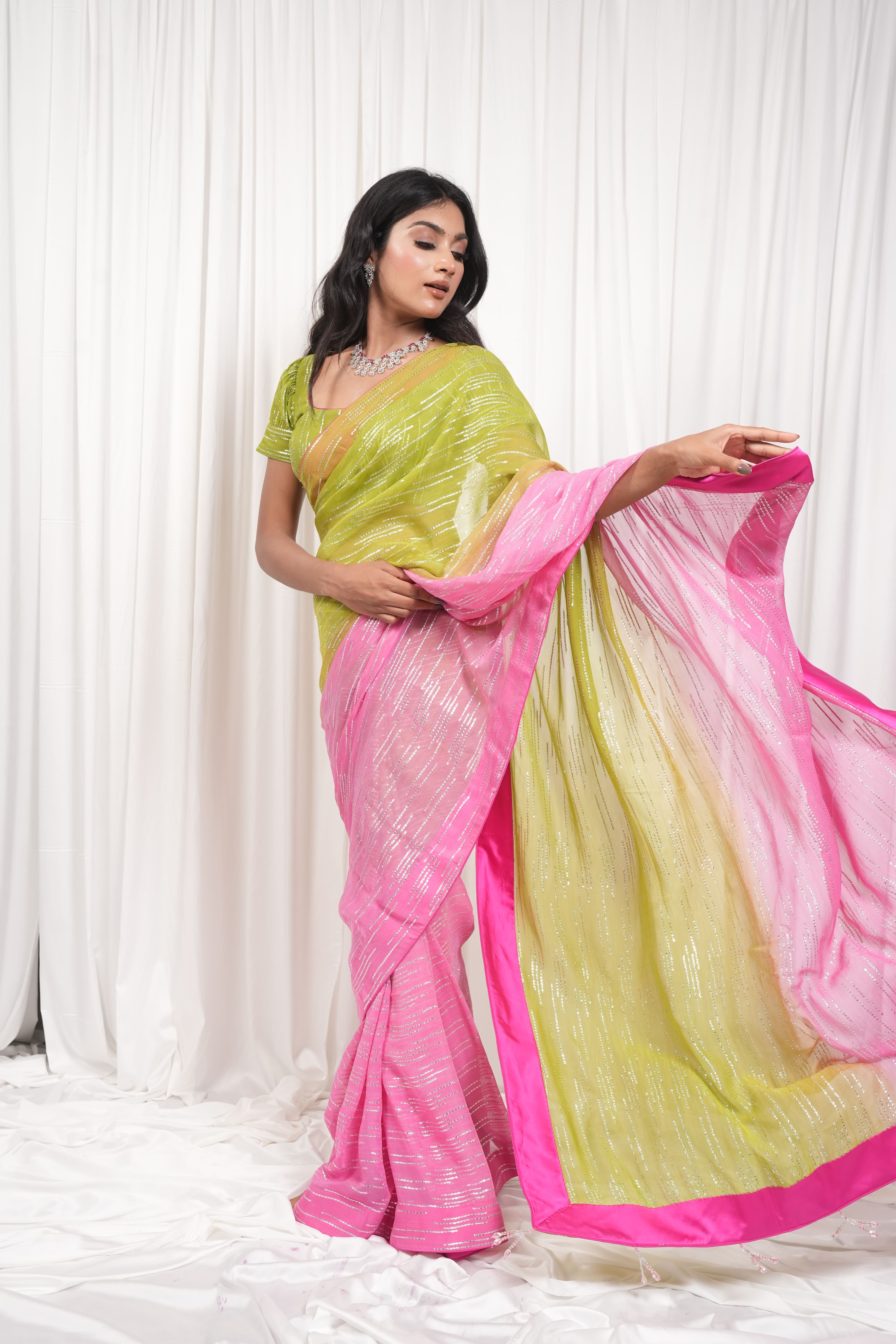 Pink & Green Shimmer Saree