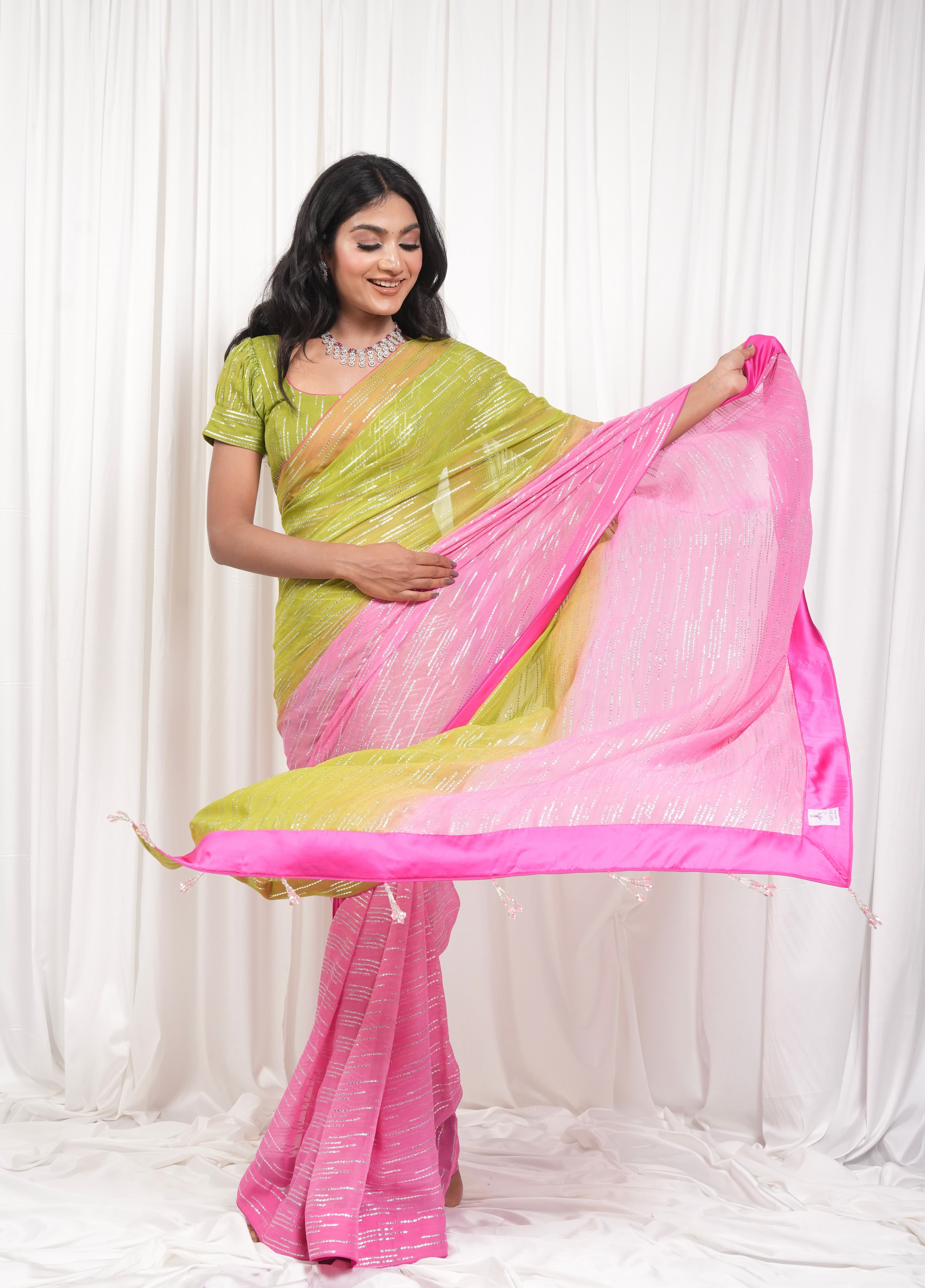 Pink & Green Shimmer Saree