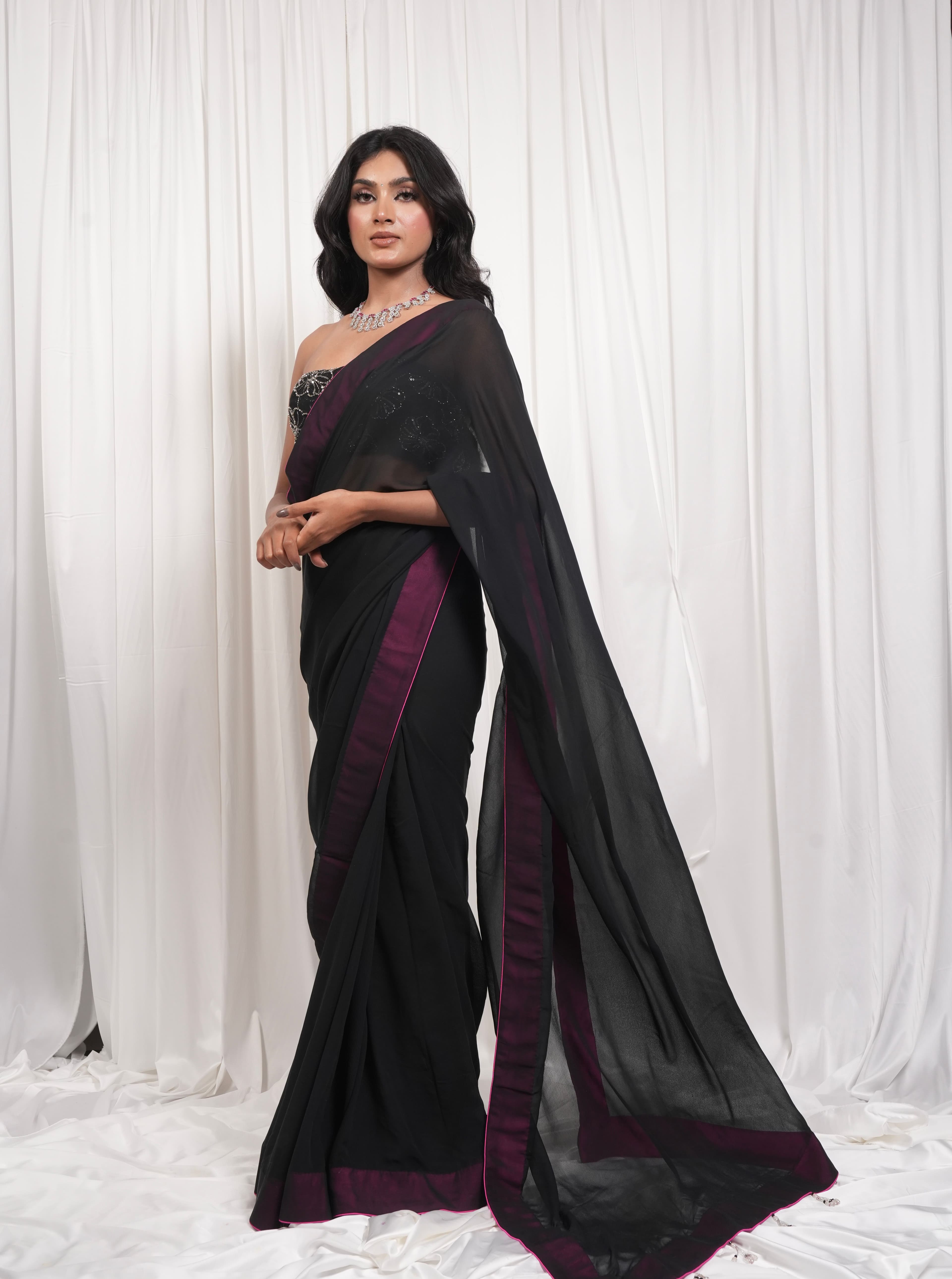 Black Sheer Saree with Pink Border