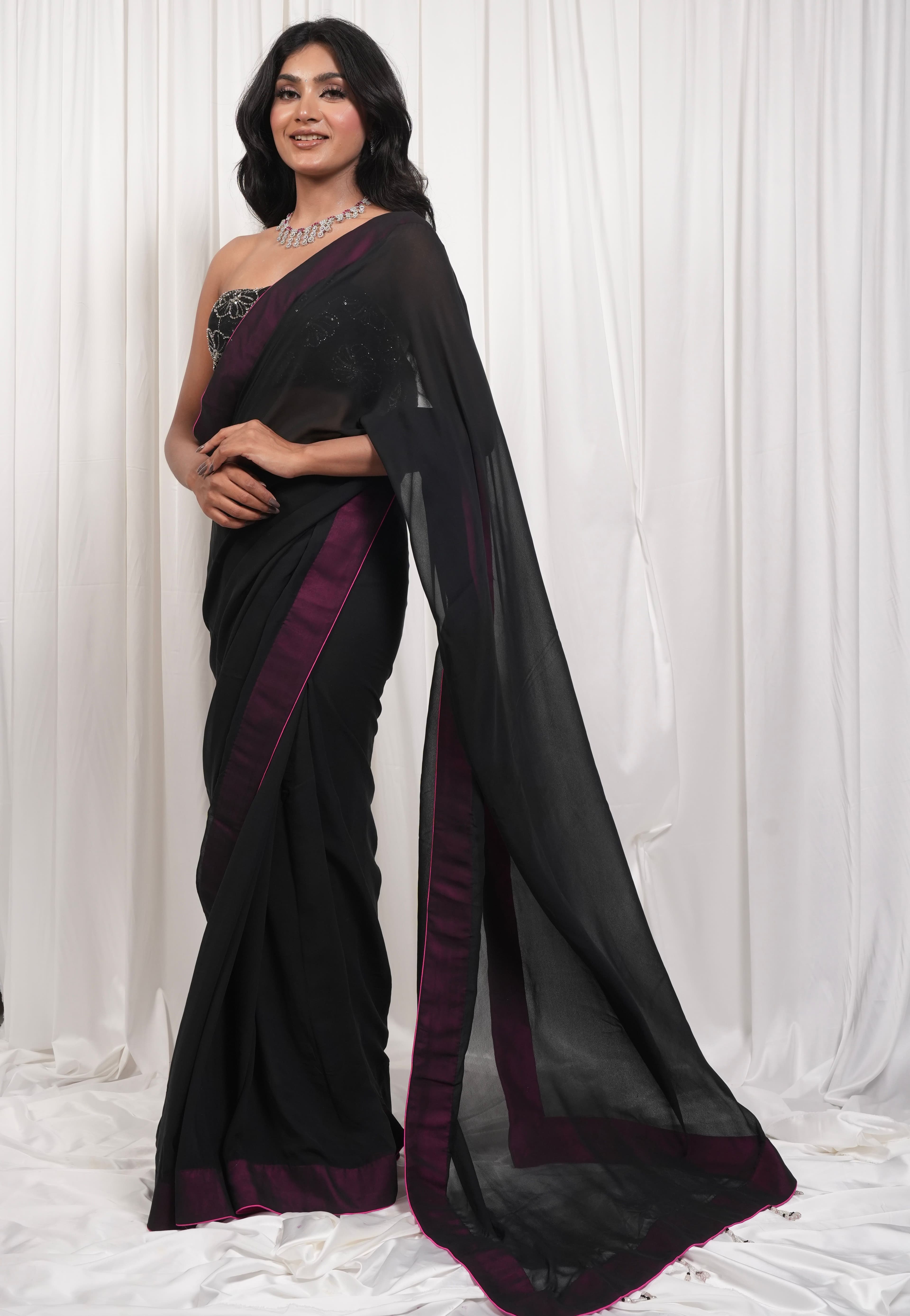 Black Sheer Saree with Pink Border