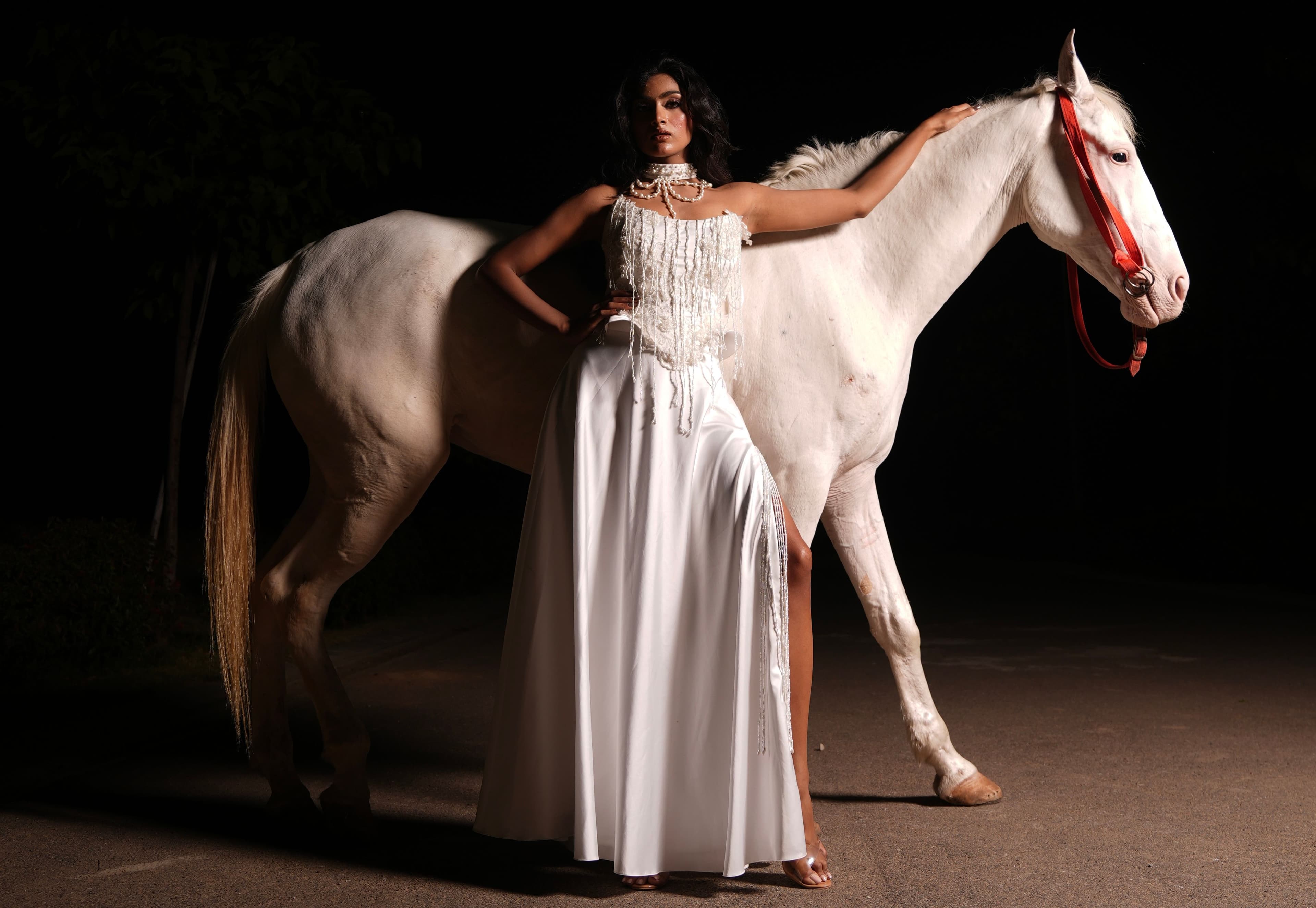 White Pearl Embellished Top & Skirt Set