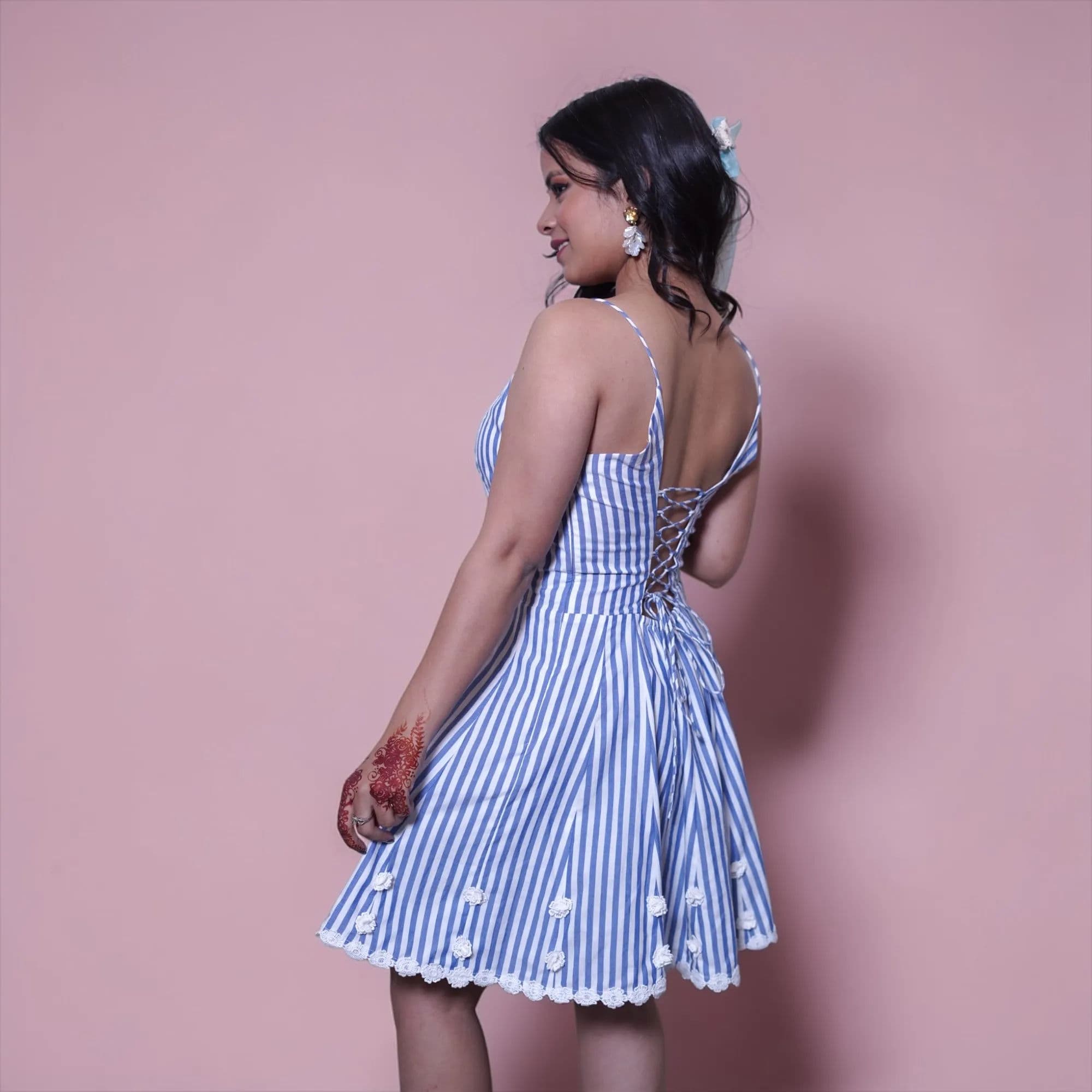 Blue and white striped fit-and-flare dress with lace trim
